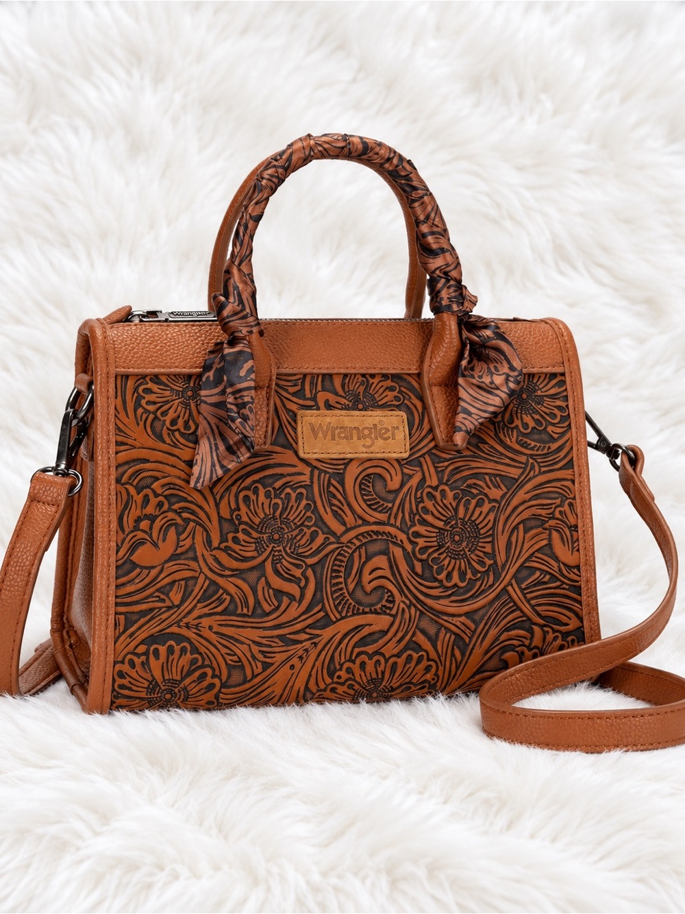 Wrangler Brown Floral Tooled Satchel Crossbody Handbag